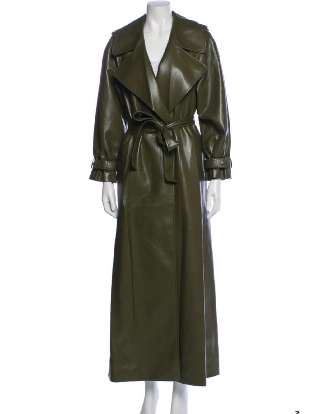 Alice + Olivia Olive Green Faux Leather Long Trench Coat with Belt